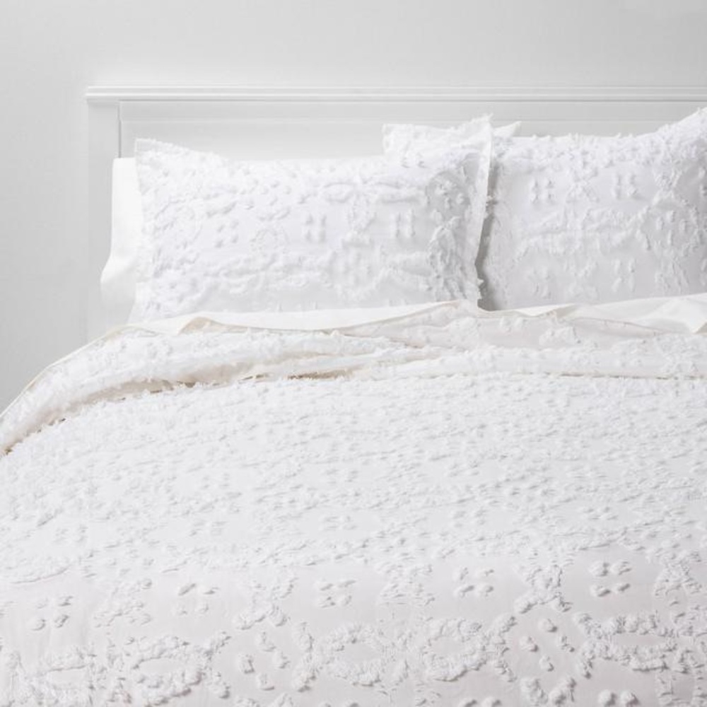 Threshold Clipped Chenille White Queen Duvet Cover Set 3pc Textured
